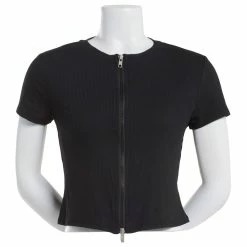 Outlet 🎁 Derek-Heart Tops Juniors Derek Heart Short Sleeve Yummie Rib 2 Way Zip Top 😉