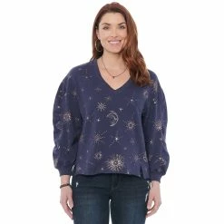 Best Sale ⌛ Sweaters & Cardigans 👩 Womens Democracy 3/4 Ruched Sleeve V-Neck Celestial Sweater 💯