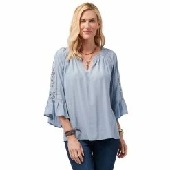 Best Sale 👍 Tops 👩 Womens Democracy 3/4 Embroidered Sleeve Hook & Bar Woven Blouse 🎉