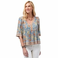 Cheapest 🌟 Tops 👩 Womens Democracy 3/4 Ruffled Armhole Sleeve Woven Border Blouse 🎁