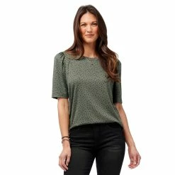 Brand new 💯 Tops 👩 Womens Democracy Elbow Puff Sleeve Dotimal Top - Dark Forest ⭐