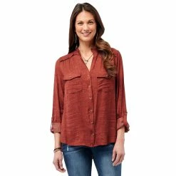 Best Sale 😍 Tops 👩 Womens Democracy Roll Tab Long Sleeve Patch Pocket Top ✔️