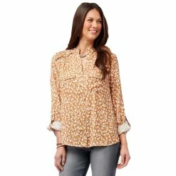 Outlet 🎉 Tops 👩 Womens Democracy Roll Tab Sleeve Patch Pocket Front Floral Top ❤️