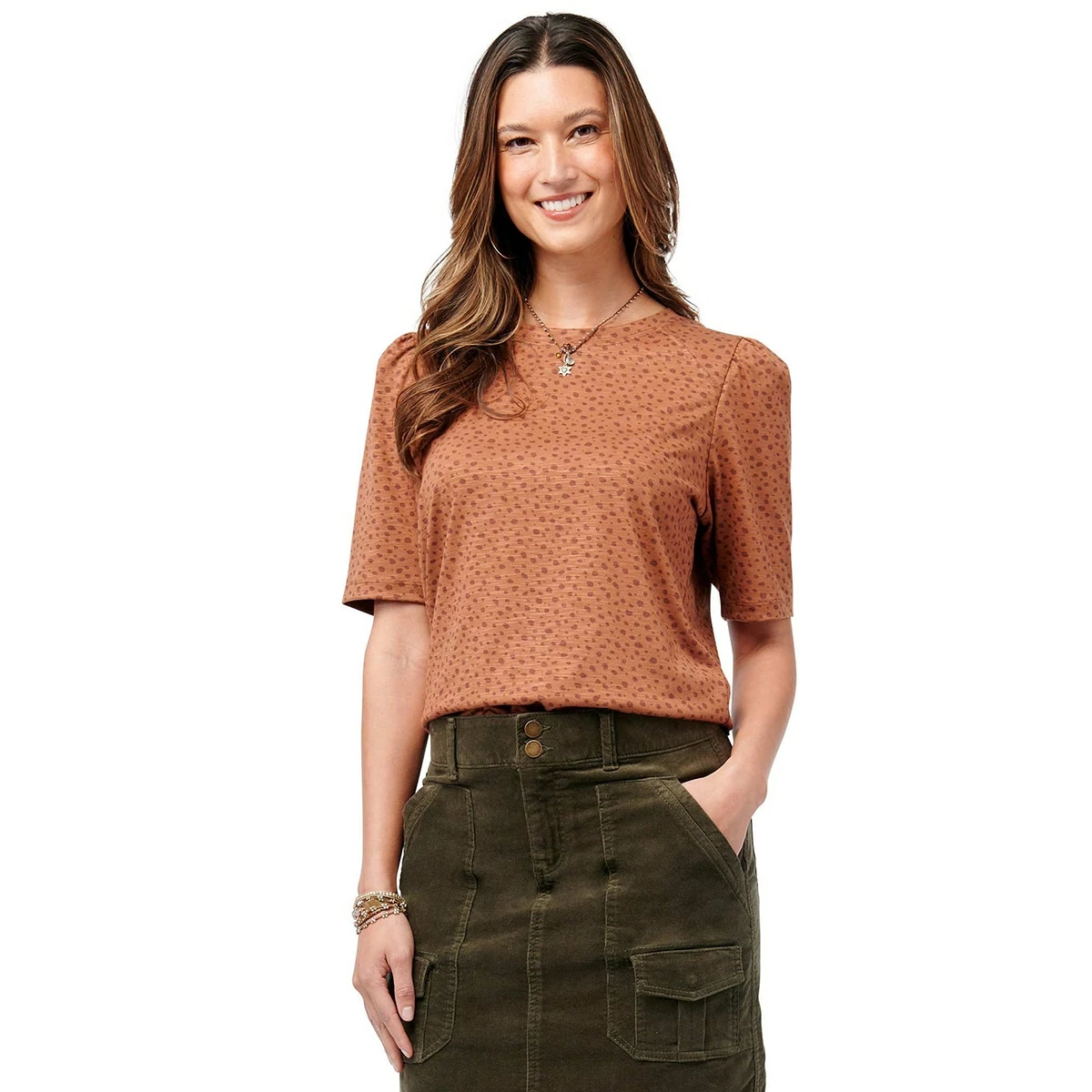 Budget π Tops π© Womens Democracy Puff Sleeve Dotimal Blouse-Desert Brown π