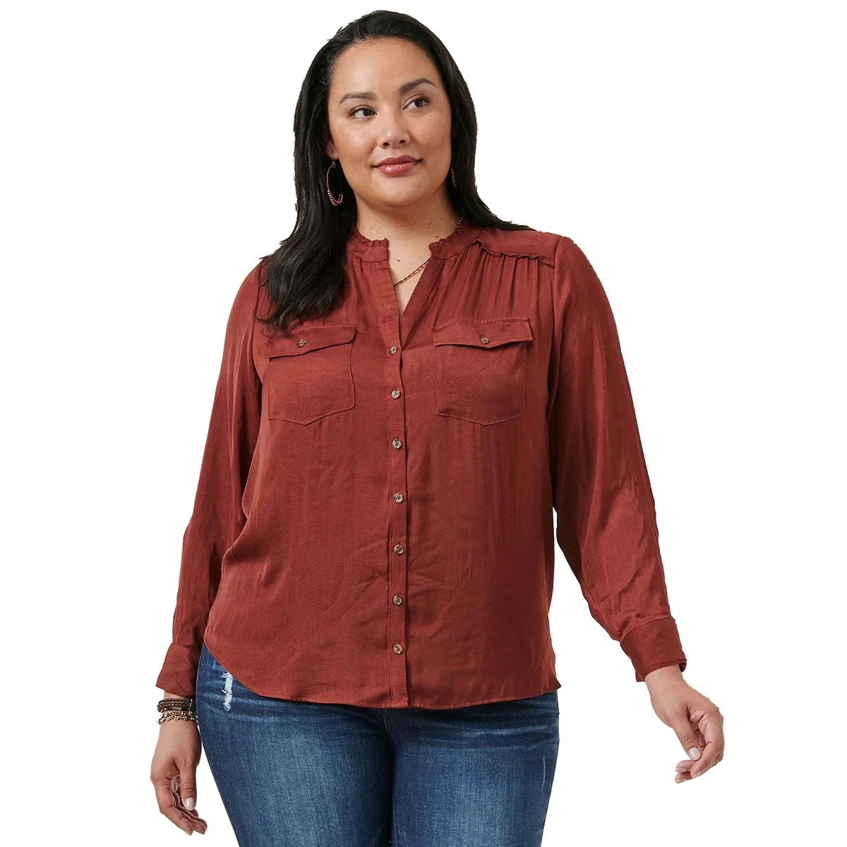 Coupon π Tops Plus Size Democracy Long Sleeve Button Down Patch Pocket Blouse π