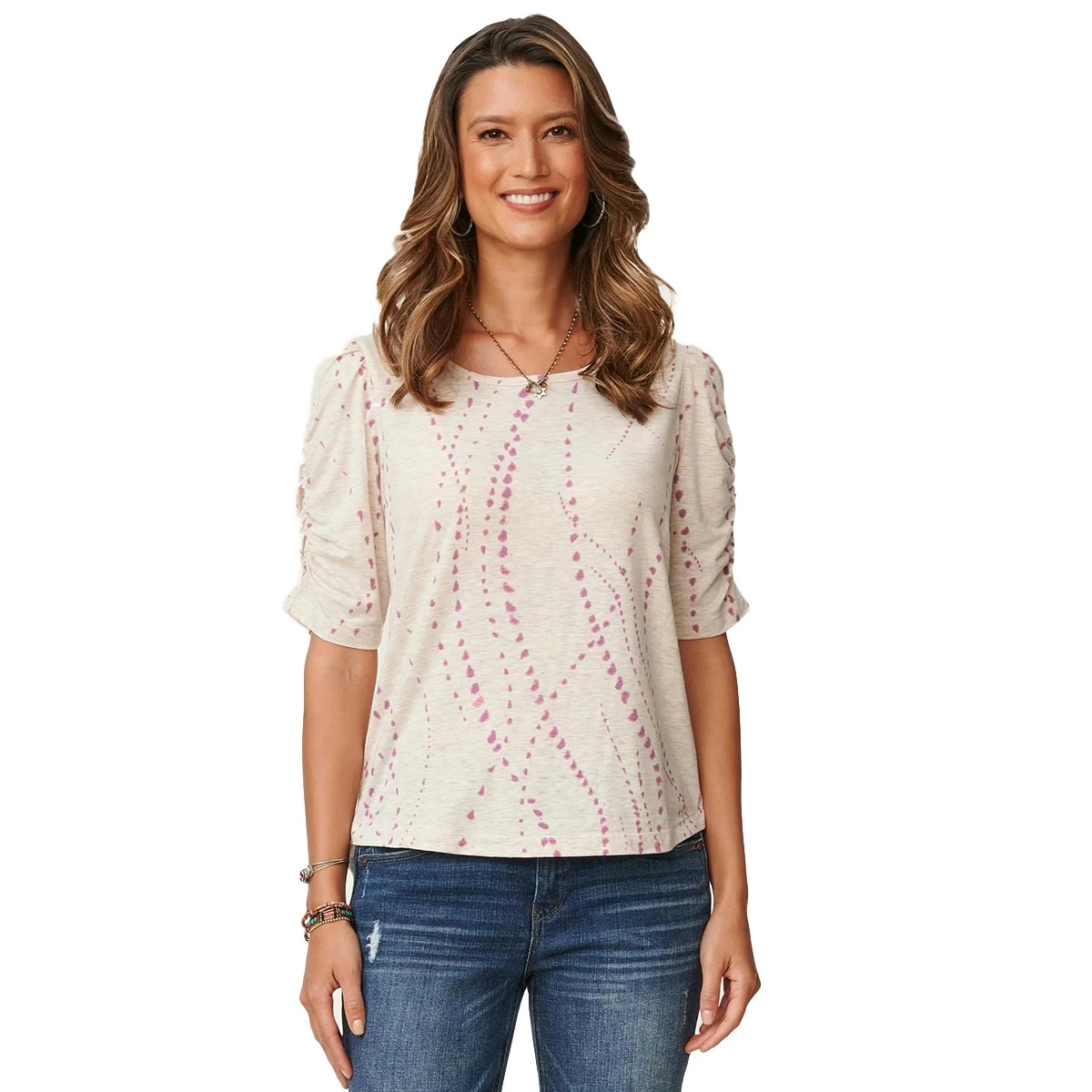 Brand new βοΈ Tops π© Womens Democracy Ruched Elbow Sleeve Round Neck Dot Top π