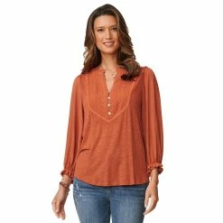 Outlet ⌛ Tops 👩 Womens Democracy 3/4 Blouson Sleeve Half Placket Mix Media Blouse 🔔