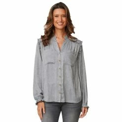 Best reviews of 🔔 Tops 👩 Womens Democracy Long Sleeve Ruffle Armhole Inset Button Down Top ⭐