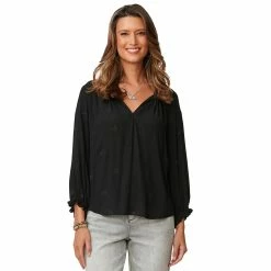 New 🌟 Tops 👩 Womens Democracy 3/4 Sleeve Split Front Embroidered Eyelet Blouse ⭐