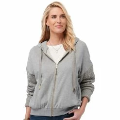 Promo ⭐ Hoodies & Sweatshirts 👩 Womens Democracy Long Blouson Cable Stitch Sweater Sleeve Hoodie 👏