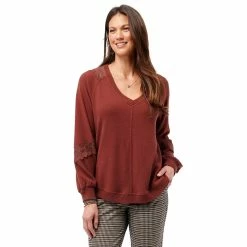 Flash Sale 🔥 Sweaters & Cardigans Petite Democracy Long Blouson Sleeve Lace Insets V-Neck Sweater 🔥