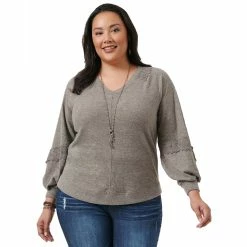 Wholesale 🥰 Tops Plus Size Democracy Long Blouson Sleeve 👚 Shirttail Lace Hem Top ✔️