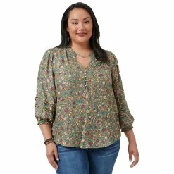 Coupon ✔️ Tops Plus Size Democracy 3/4 Sleeve Pintuck Blouson Smock Blouse 😍