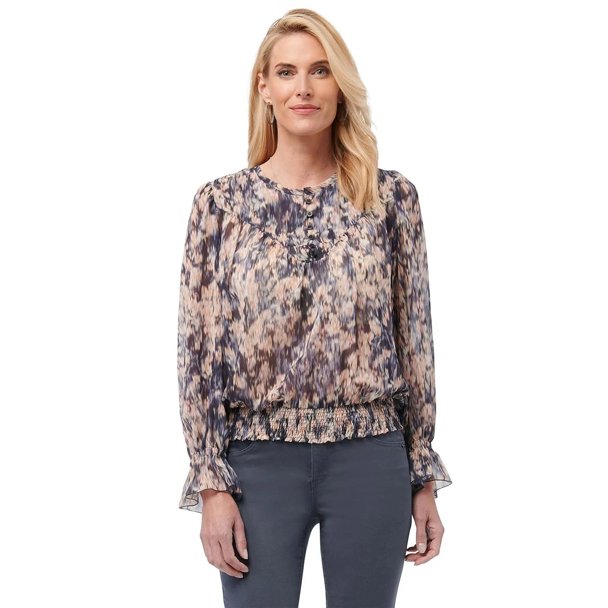 Discount π Tops Plus Size Democracy Long Sleeve Flounce Round Neck Woven Blouse π